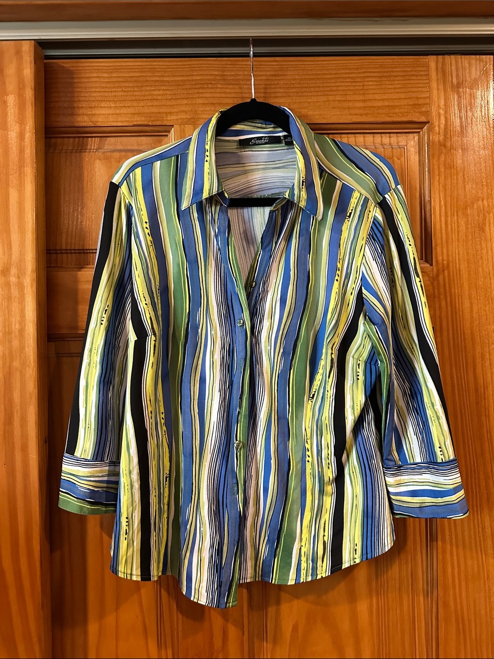Essentials Striped Button-Up Blouse in Blue, Green, Yellow, White